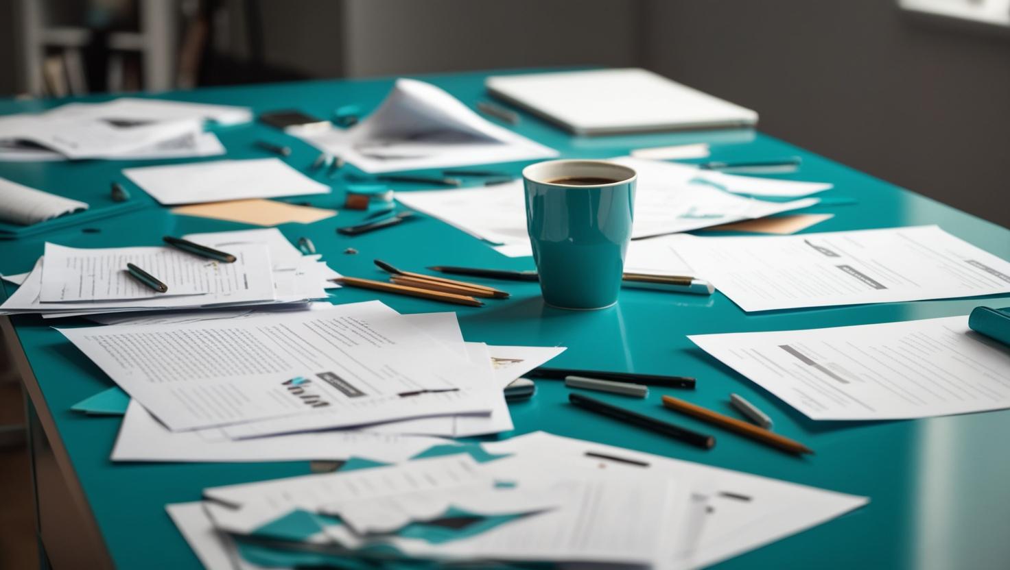 messy desk in teal
